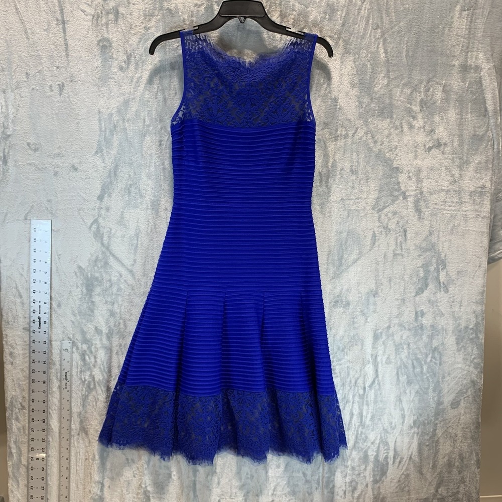 Women's Dress XS Fit & Flare Lace Ribbed Blue Mesh Cocktail